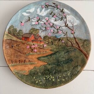 Vintage 1980 Byron Molds 3D Ceramic Wall Plaque Hand-Painted Rustic Farm Spring